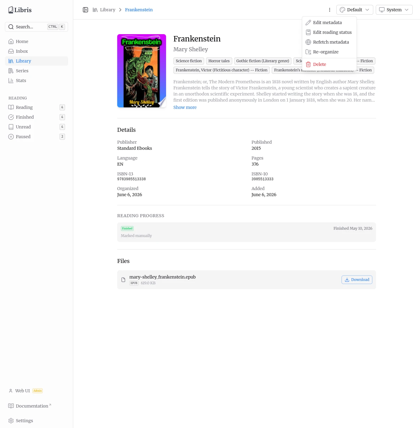 Book detail actions menu