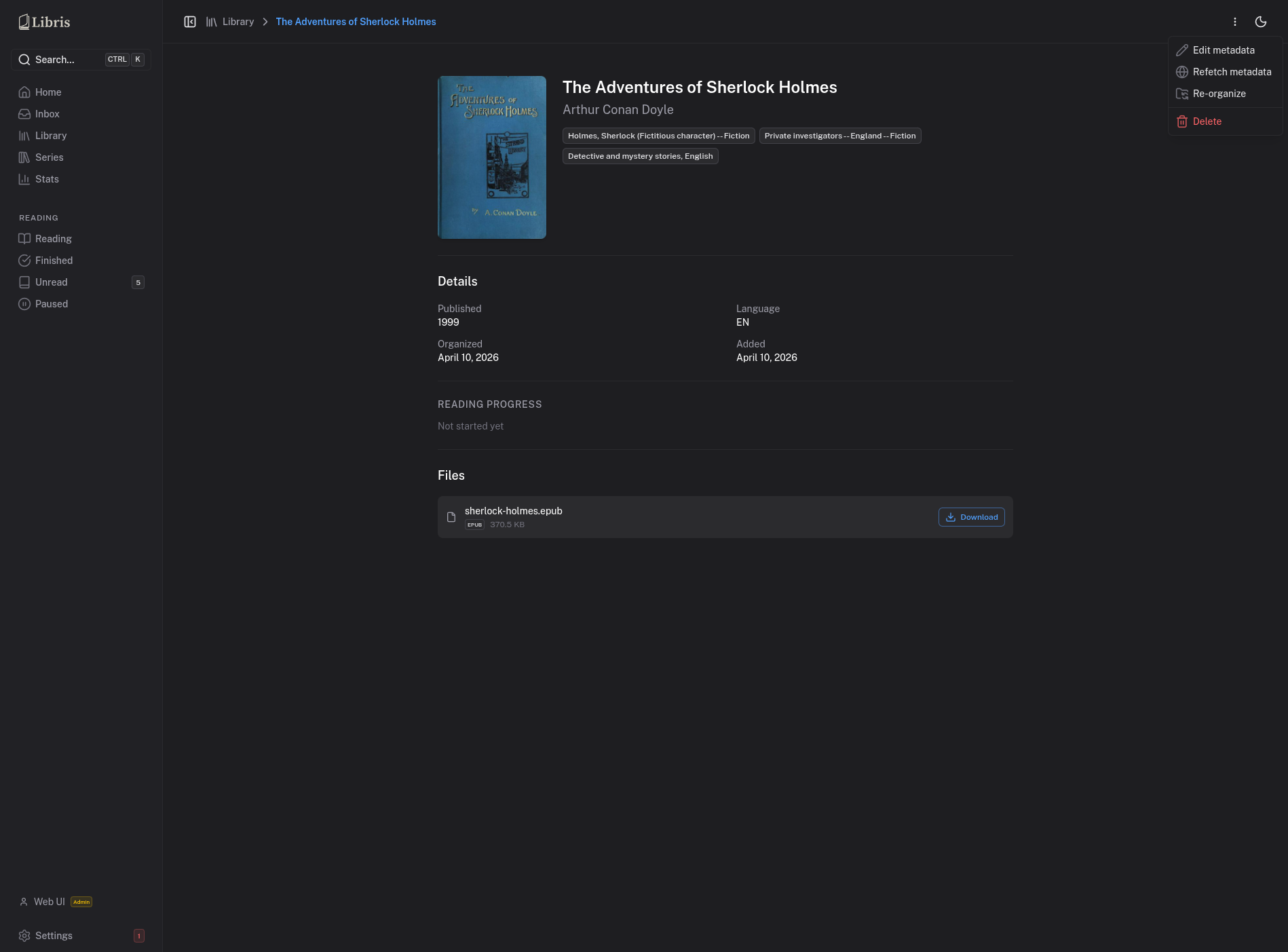 Book detail - actions menu