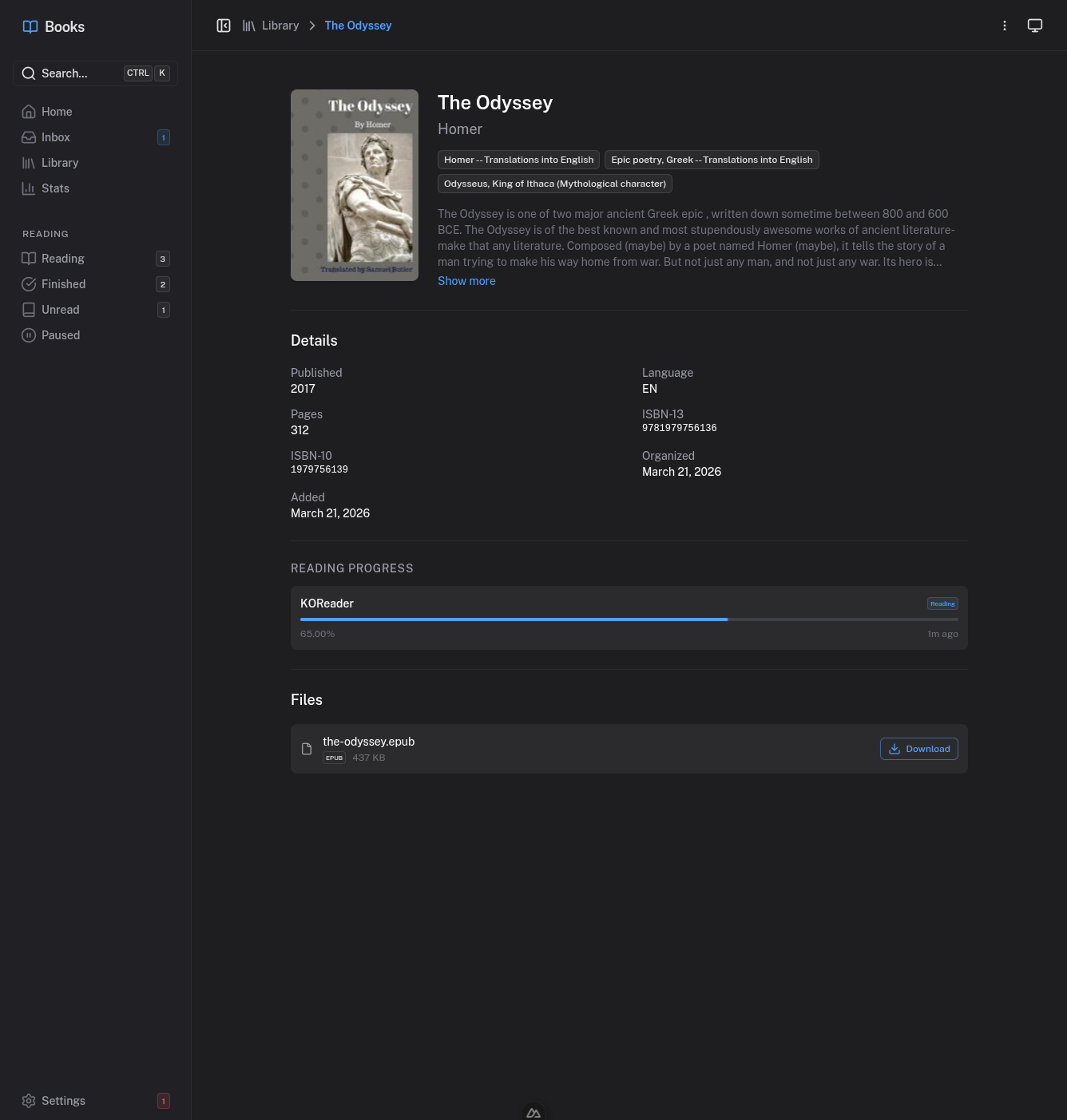 Book detail with reading progress