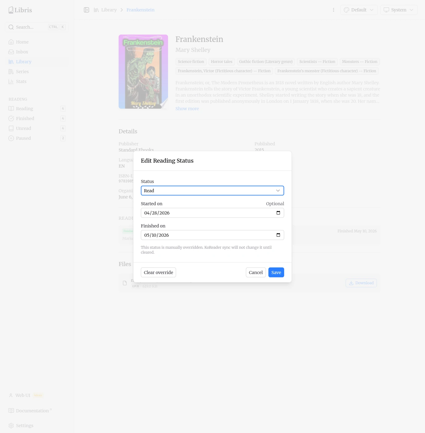 Edit reading status modal