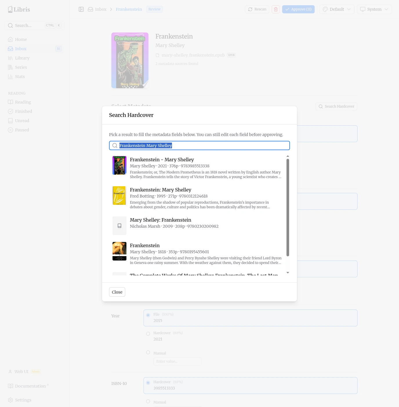 Hardcover search panel
