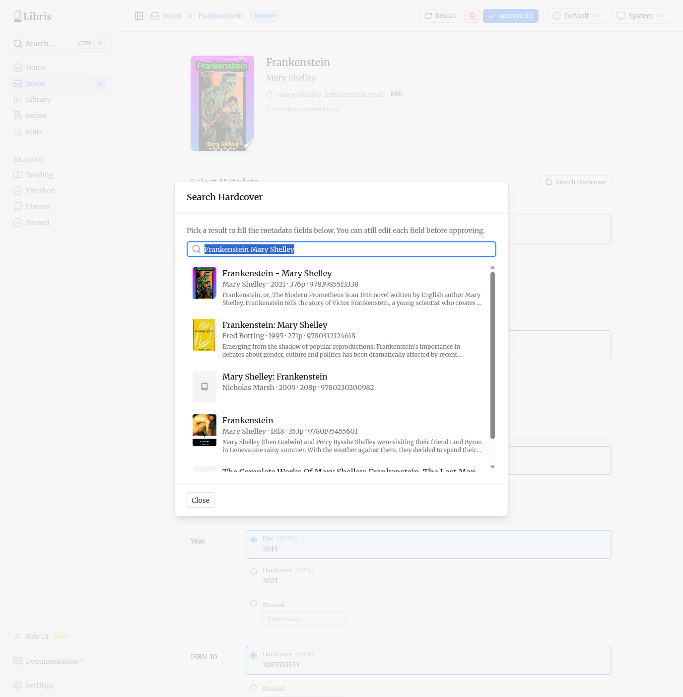 Hardcover search panel