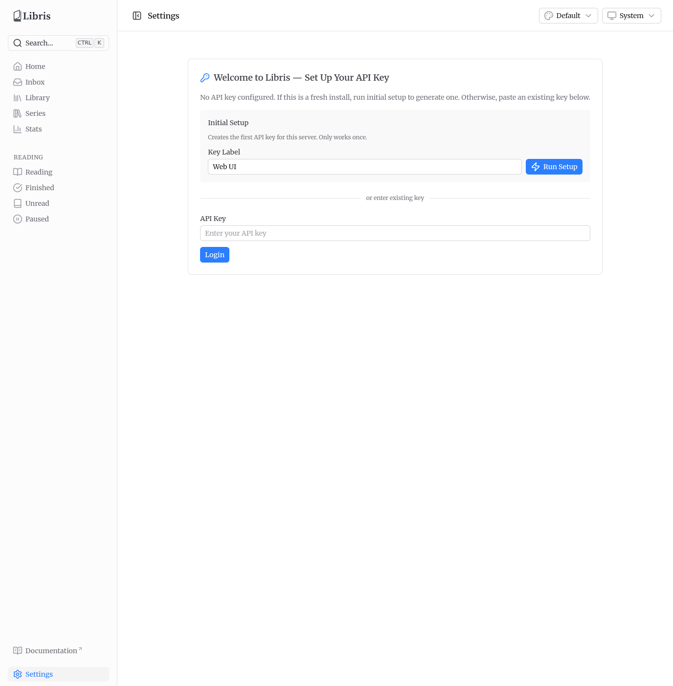 Libris initial setup screen
