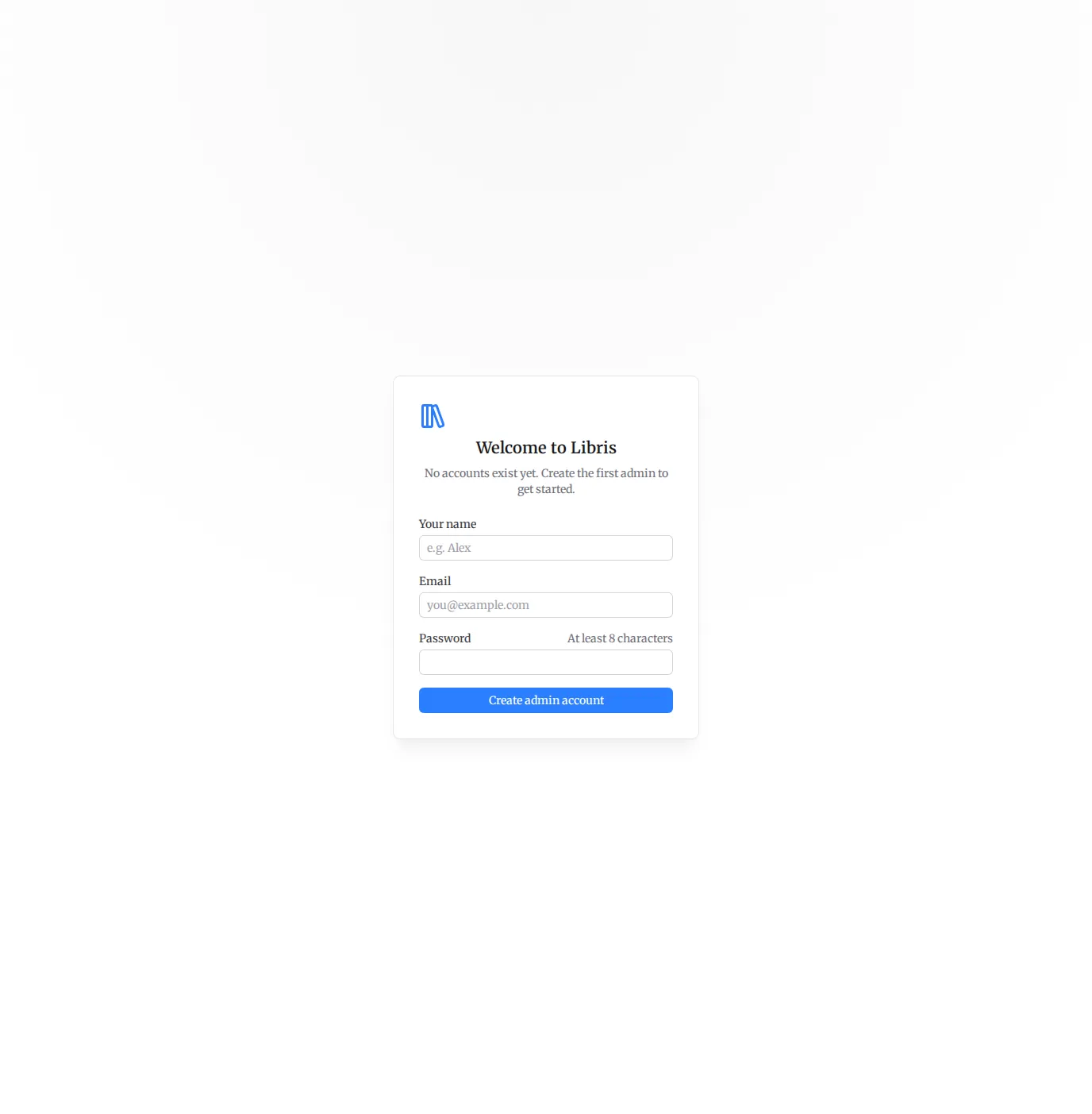 First-run setup form on an empty install