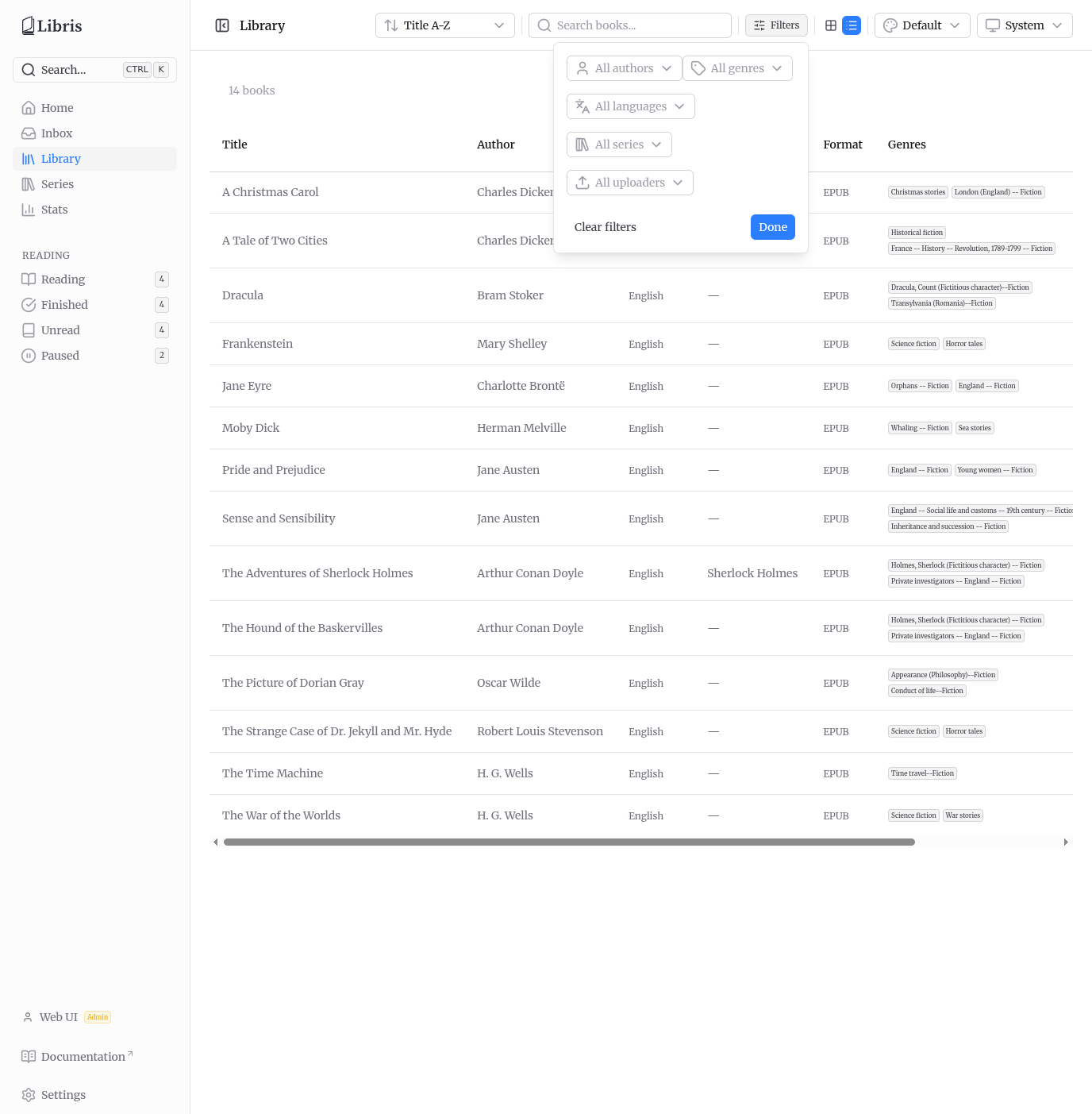 Library filters popover