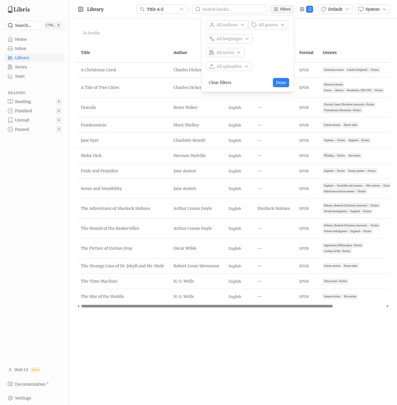 Library filters popover