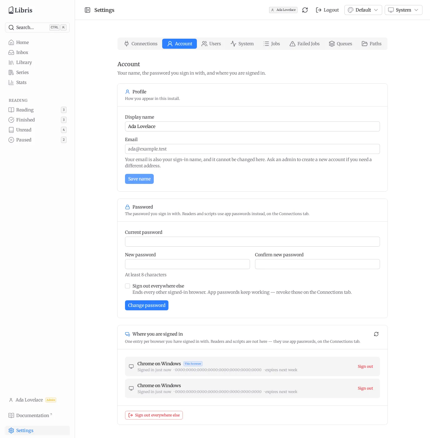 Settings - Account tab