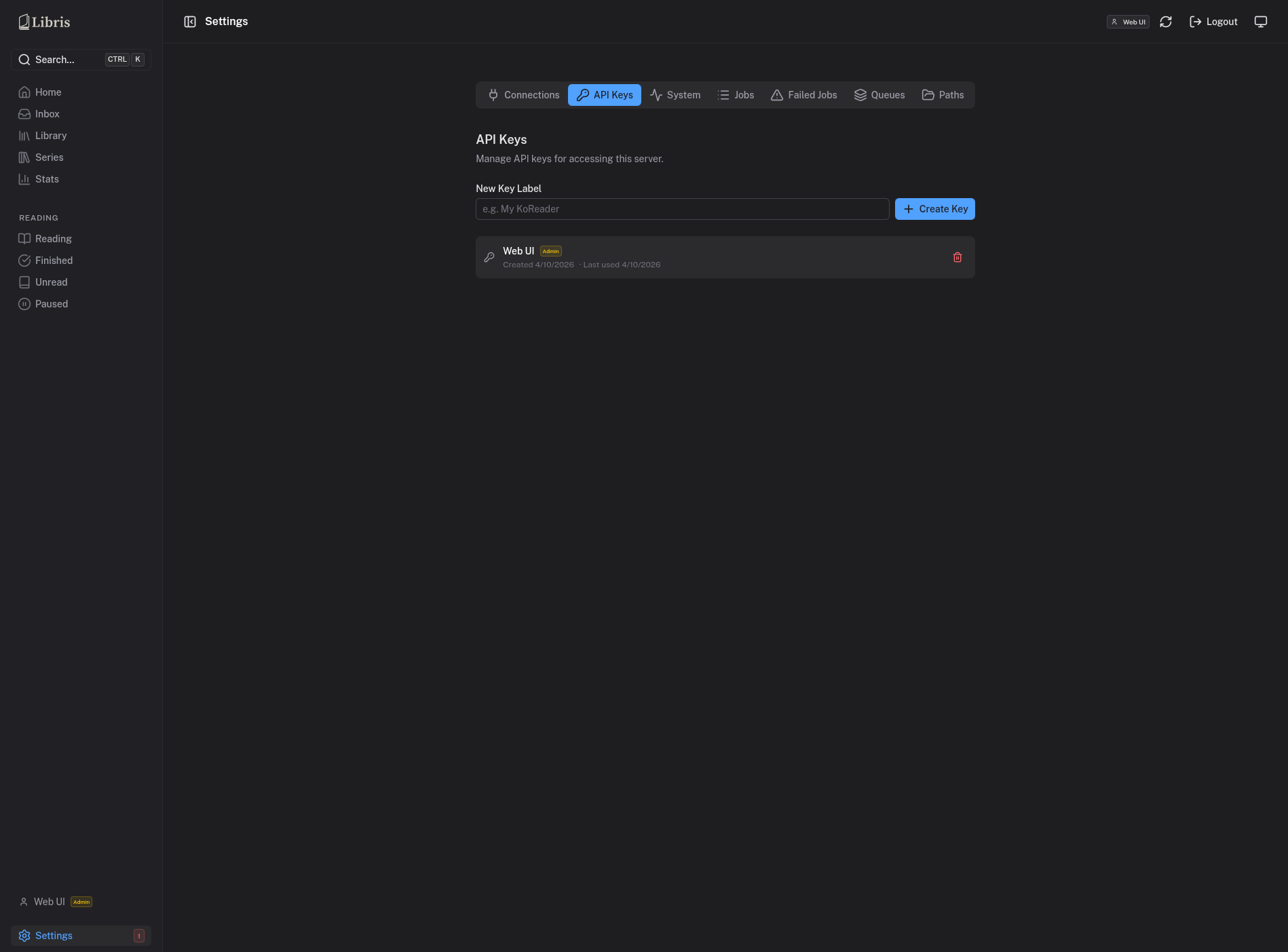 Settings - API Keys tab