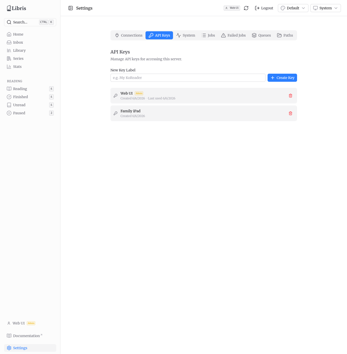 Settings API Keys tab