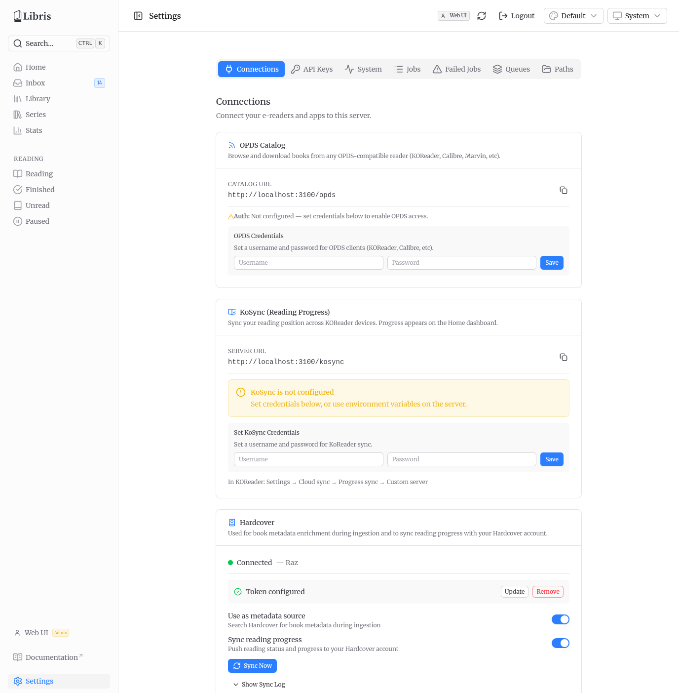 Settings - Connections tab