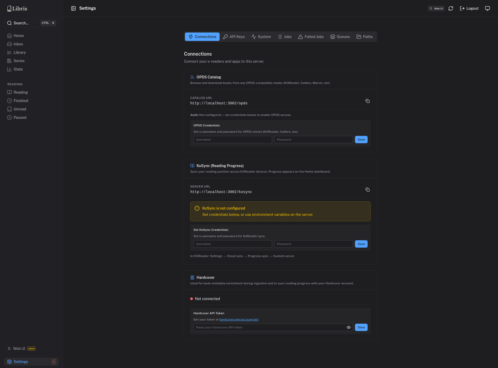 Settings - Connections tab