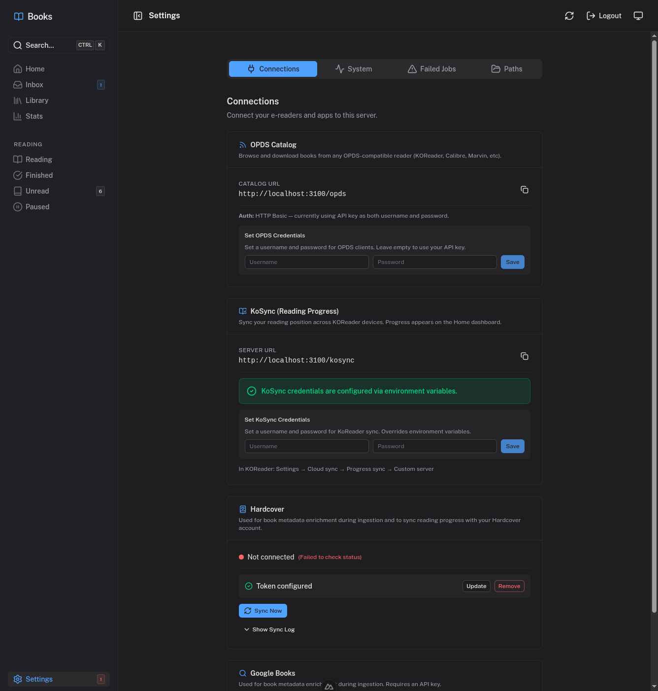 Settings - Connections tab