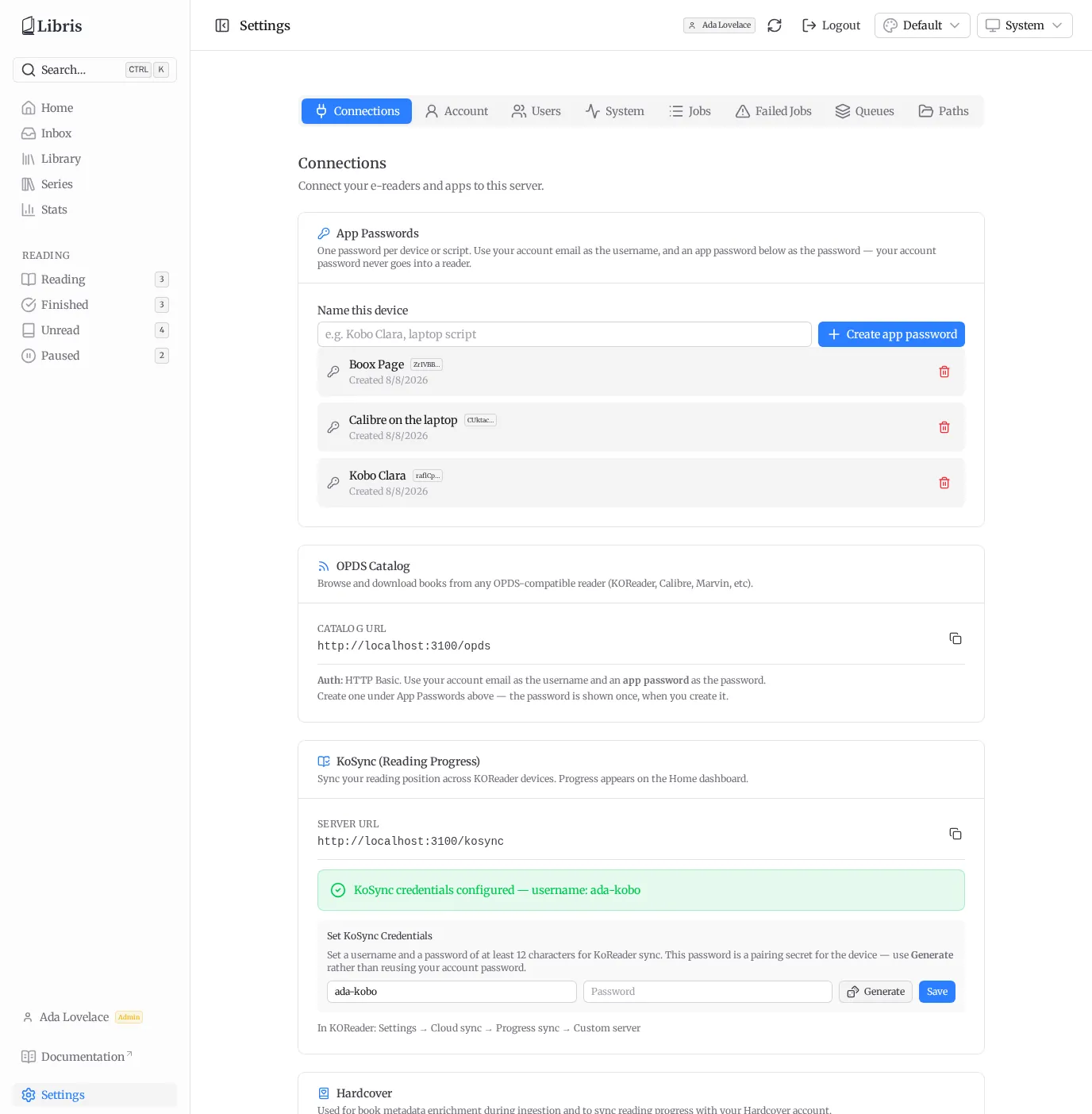 Settings - Connections tab