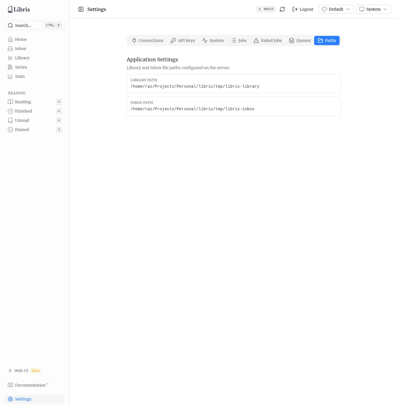 Settings - Paths tab