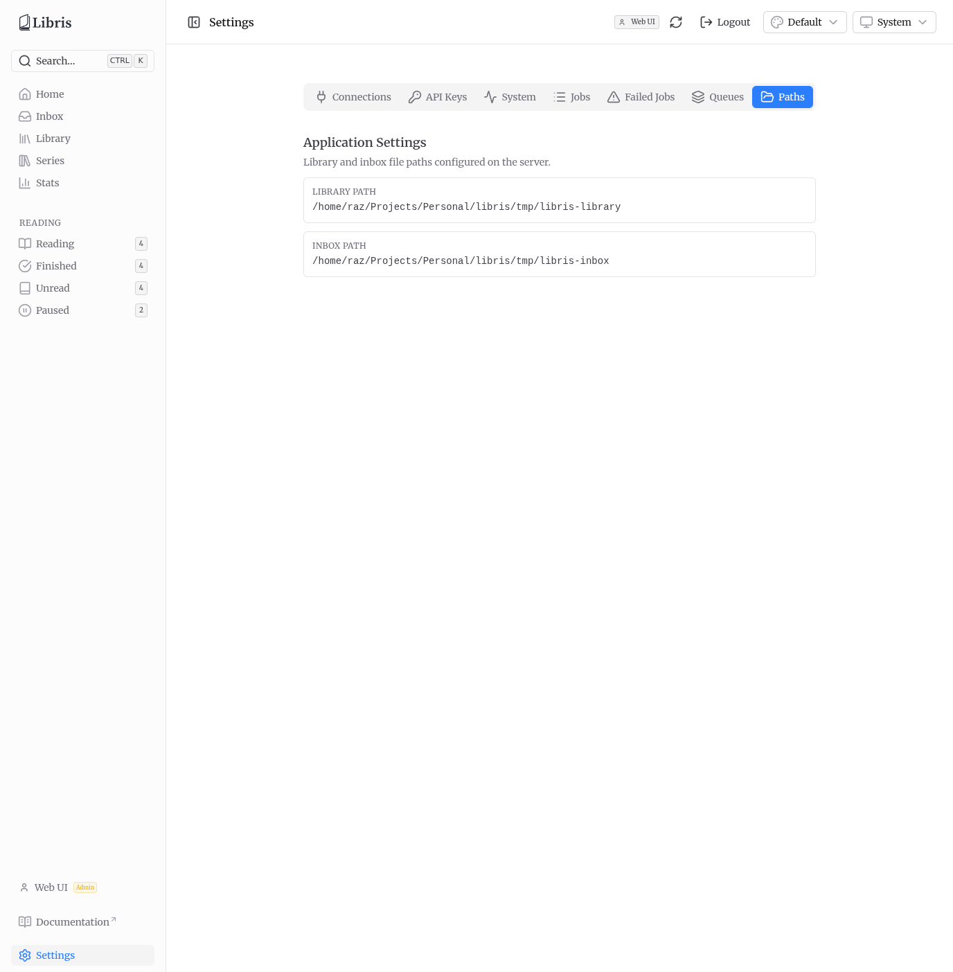 Settings - Paths tab