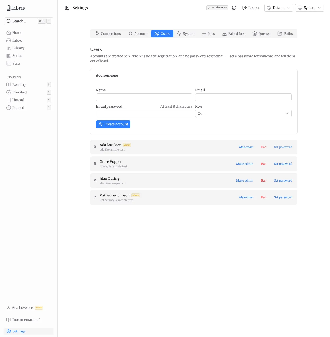 Settings - Users tab