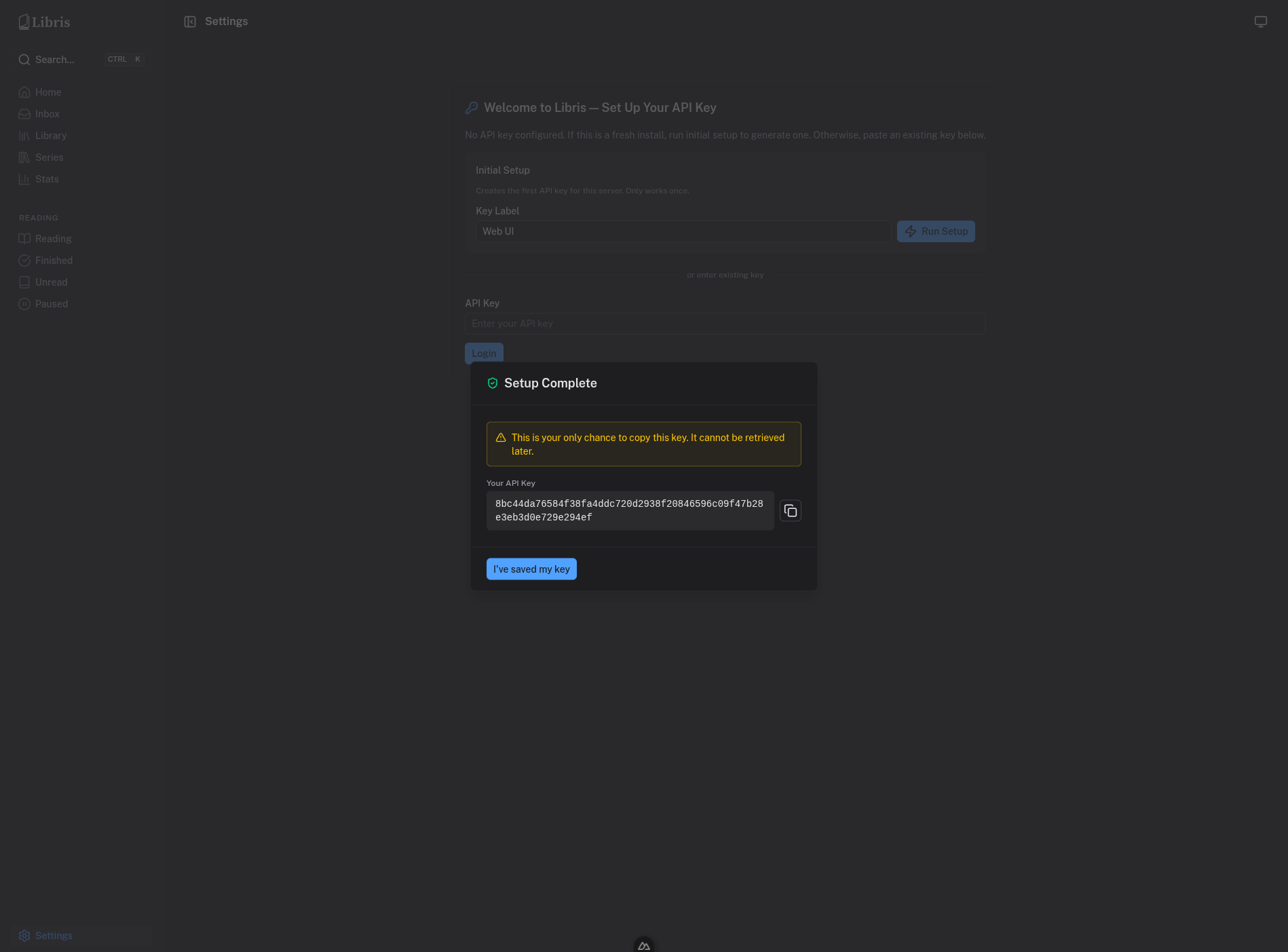 Setup complete - API key revealed