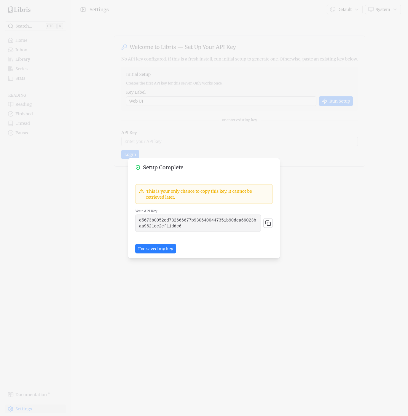 Setup Complete dialog showing the raw key