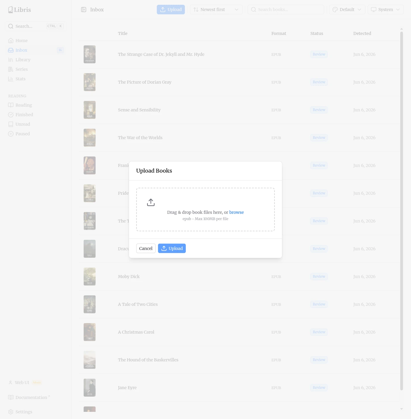 Upload Books modal