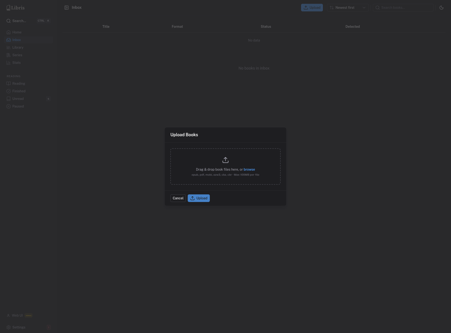 Upload Books modal